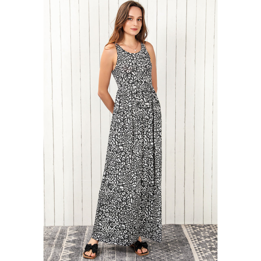 Leopard Round Neck Sleeveless Maxi Dress Apparel and Accessories