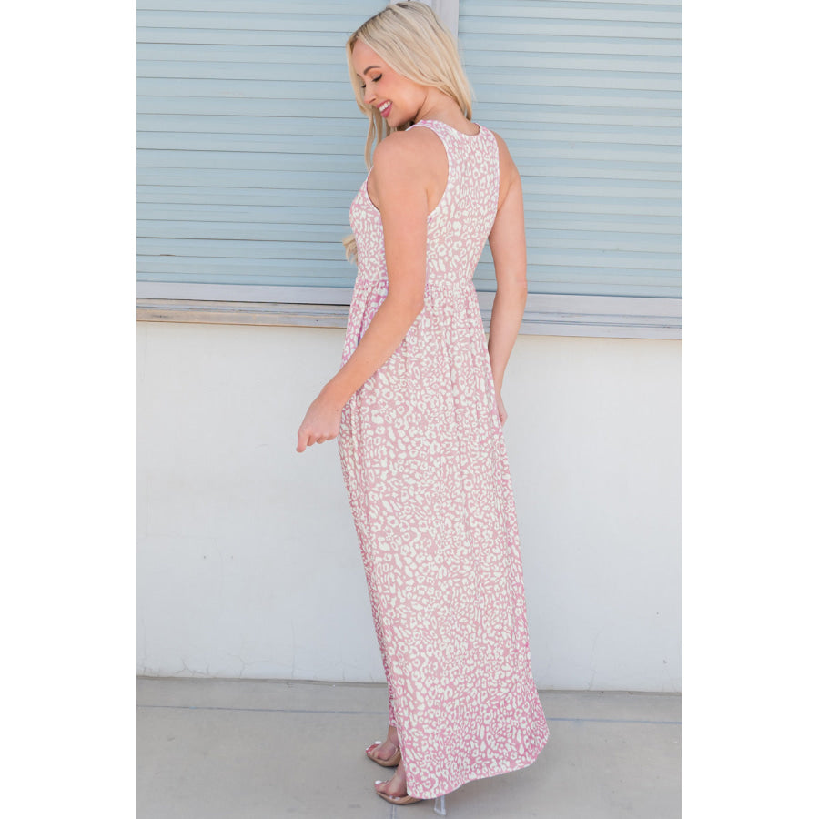 Leopard Round Neck Sleeveless Maxi Dress Blush Pink / S Apparel and Accessories