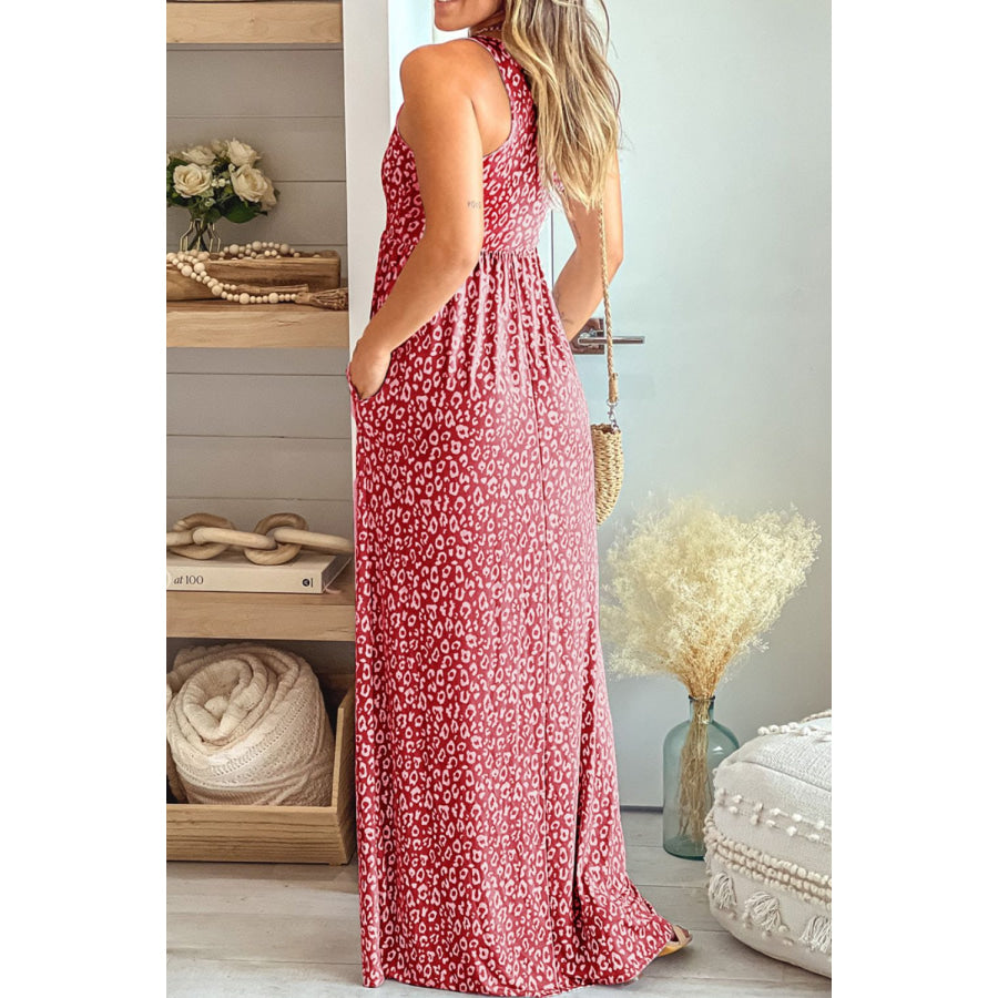 Leopard Round Neck Sleeveless Maxi Dress Apparel and Accessories