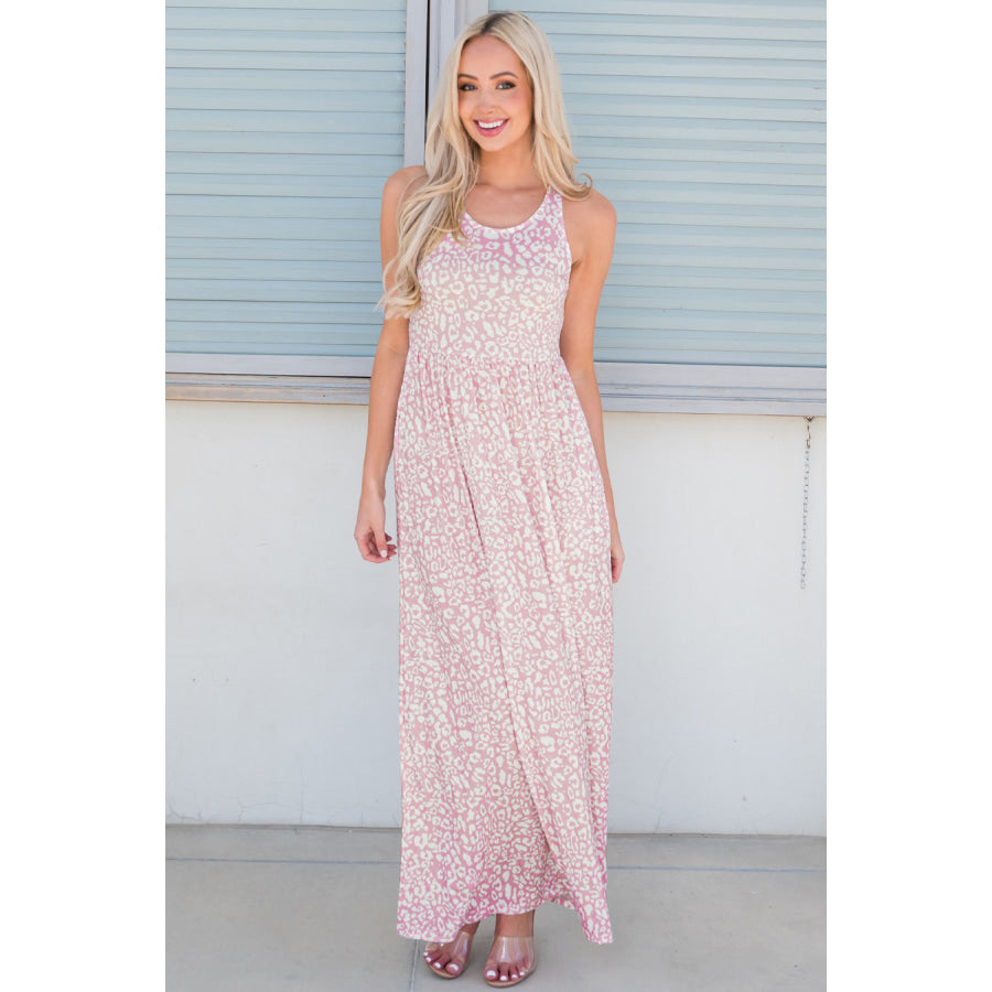 Leopard Round Neck Sleeveless Maxi Dress Blush Pink / S Apparel and Accessories