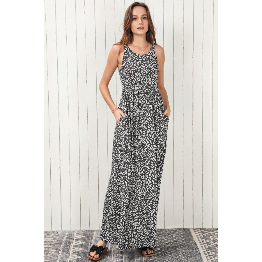 Leopard Round Neck Sleeveless Maxi Dress Charcoal / S Apparel and Accessories