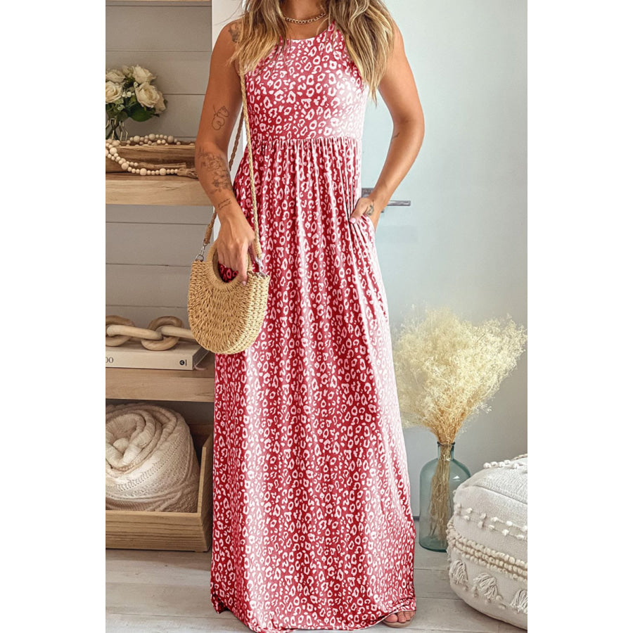 Leopard Round Neck Sleeveless Maxi Dress Dusty Pink / S Apparel and Accessories