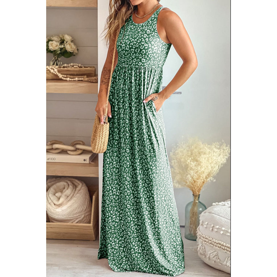 Leopard Round Neck Sleeveless Maxi Dress Sage / S Apparel and Accessories