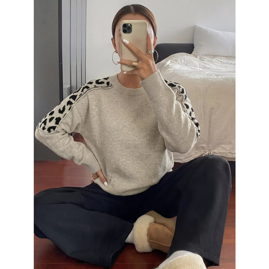 Leopard Round Neck Sweater Apparel and Accessories