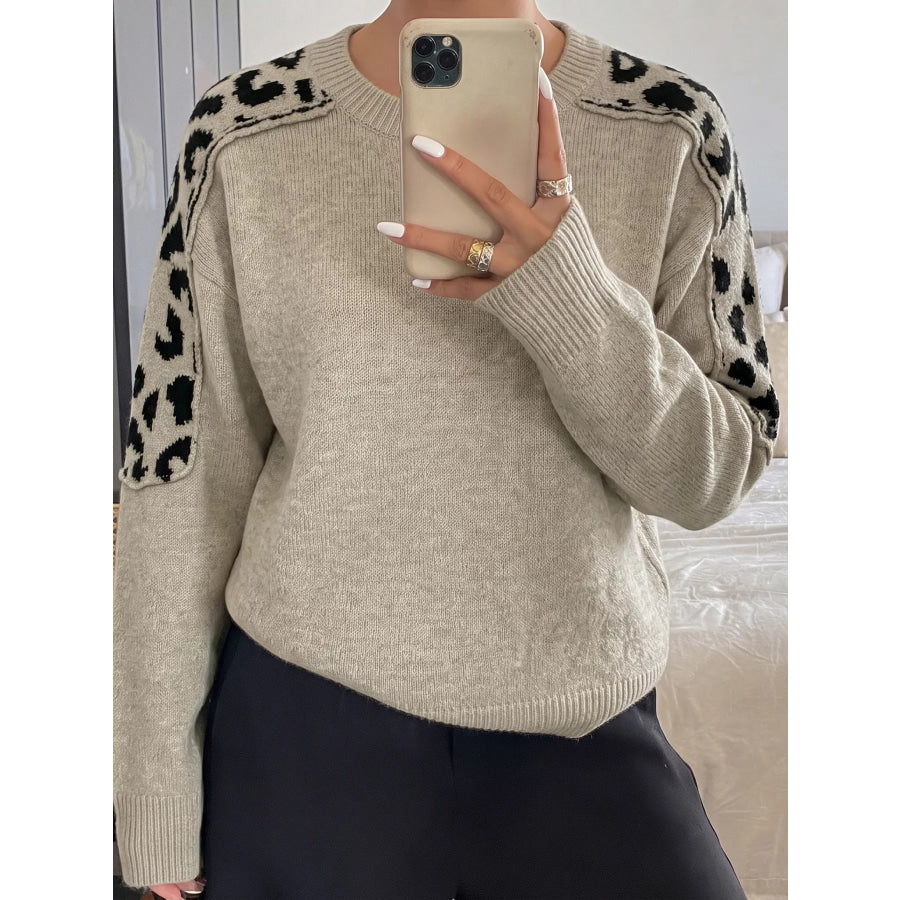 Leopard Round Neck Sweater Khaki / S Apparel and Accessories
