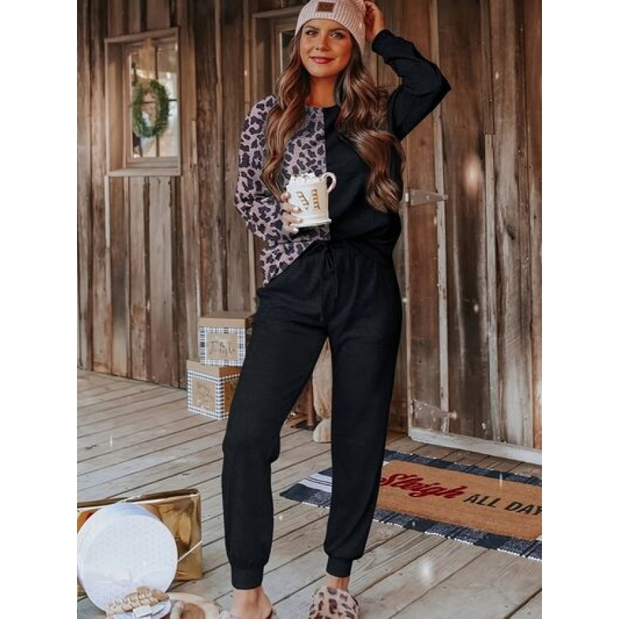 Leopard Round Neck Sweatshirt and Pants Lounge Set Apparel and Accessories