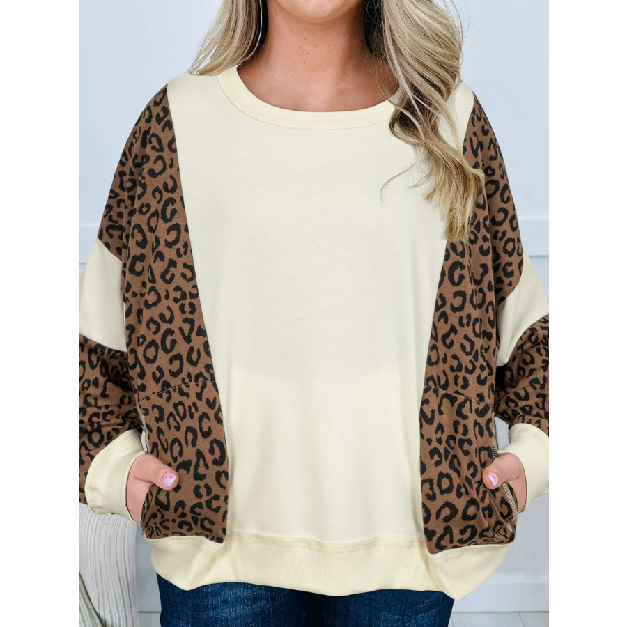 Leopard Round Neck Sweatshirt Beige / S Apparel and Accessories