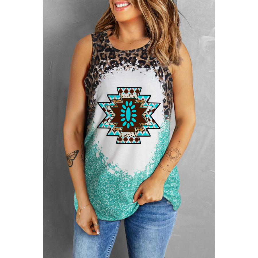 Leopard Round Neck Tank Teal / S Apparel and Accessories