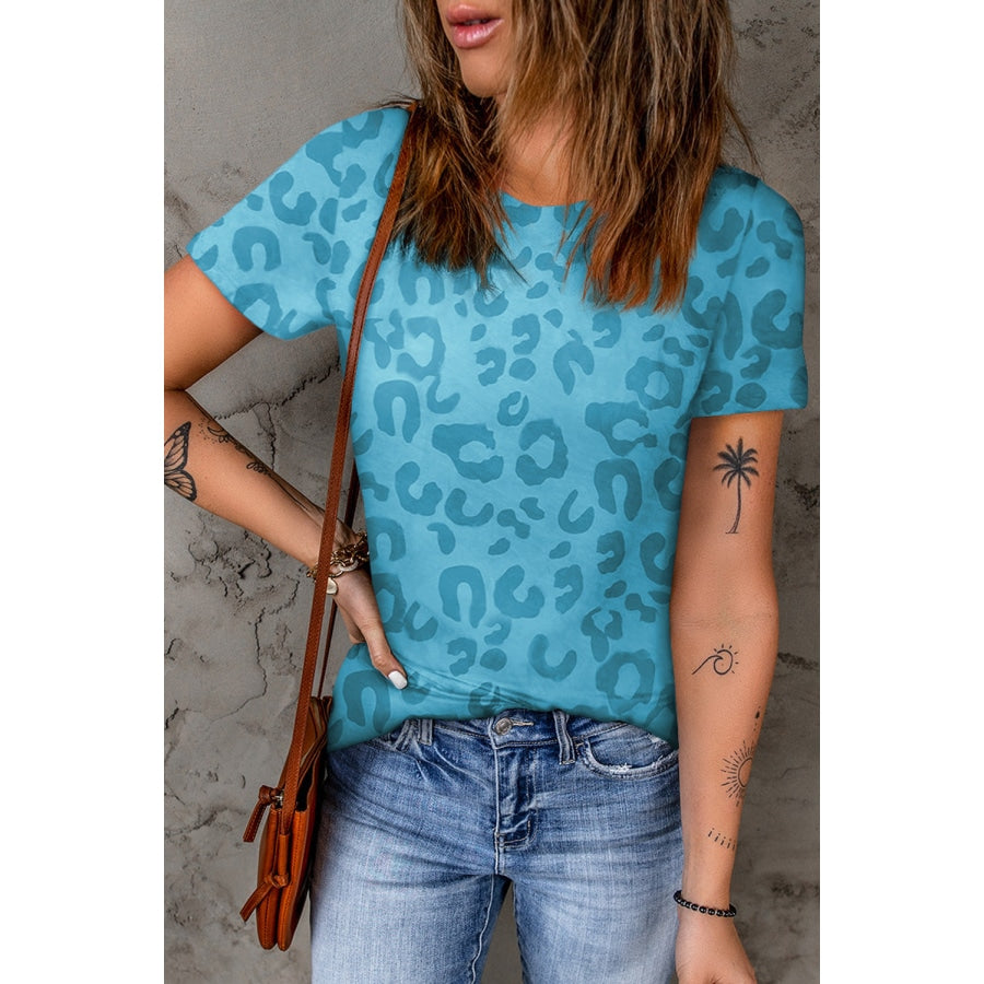 Leopard Round Neck Tee Sky Blue / S