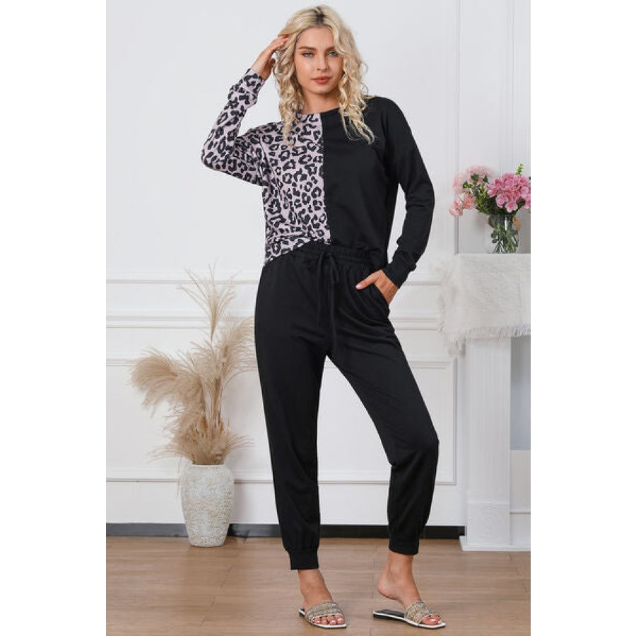 Leopard Round Neck Top and Drawstring Pants Lounge Set Clothing