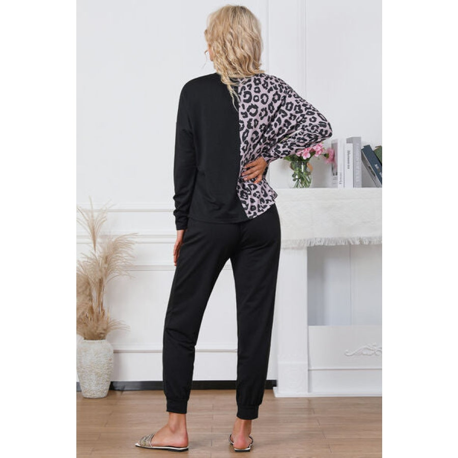 Leopard Round Neck Top and Drawstring Pants Lounge Set Black / S Clothing