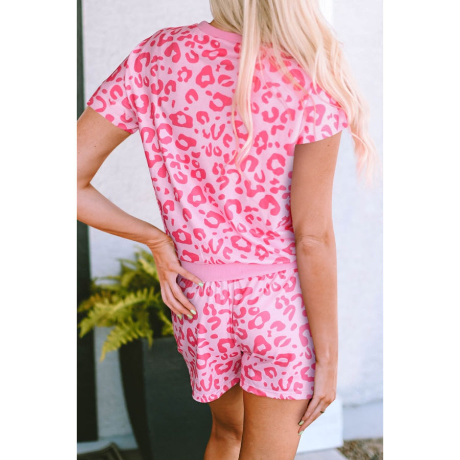 Leopard Round Neck Top and Shorts Lounge Set Hot Pink / S Apparel Accessories