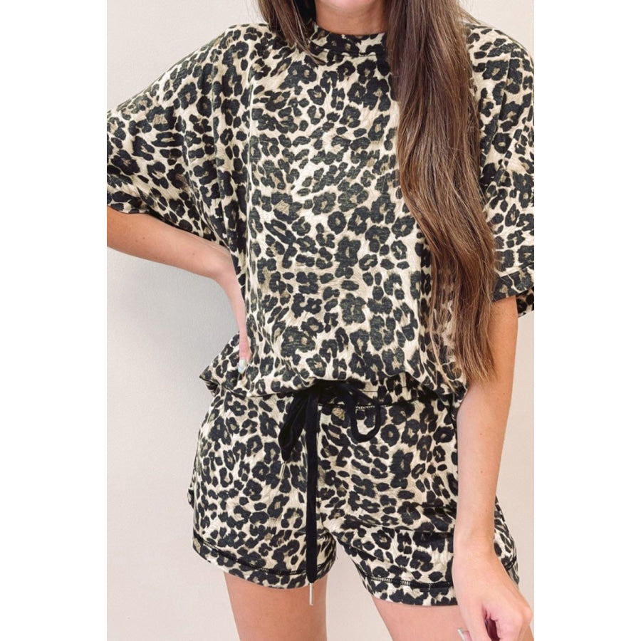 Leopard Round Neck Top and Shorts Set Apparel and Accessories
