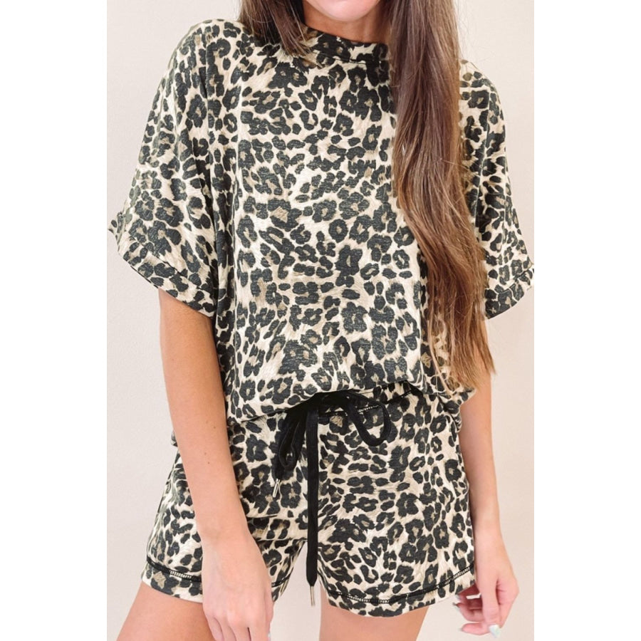 Leopard Round Neck Top and Shorts Set Apparel and Accessories
