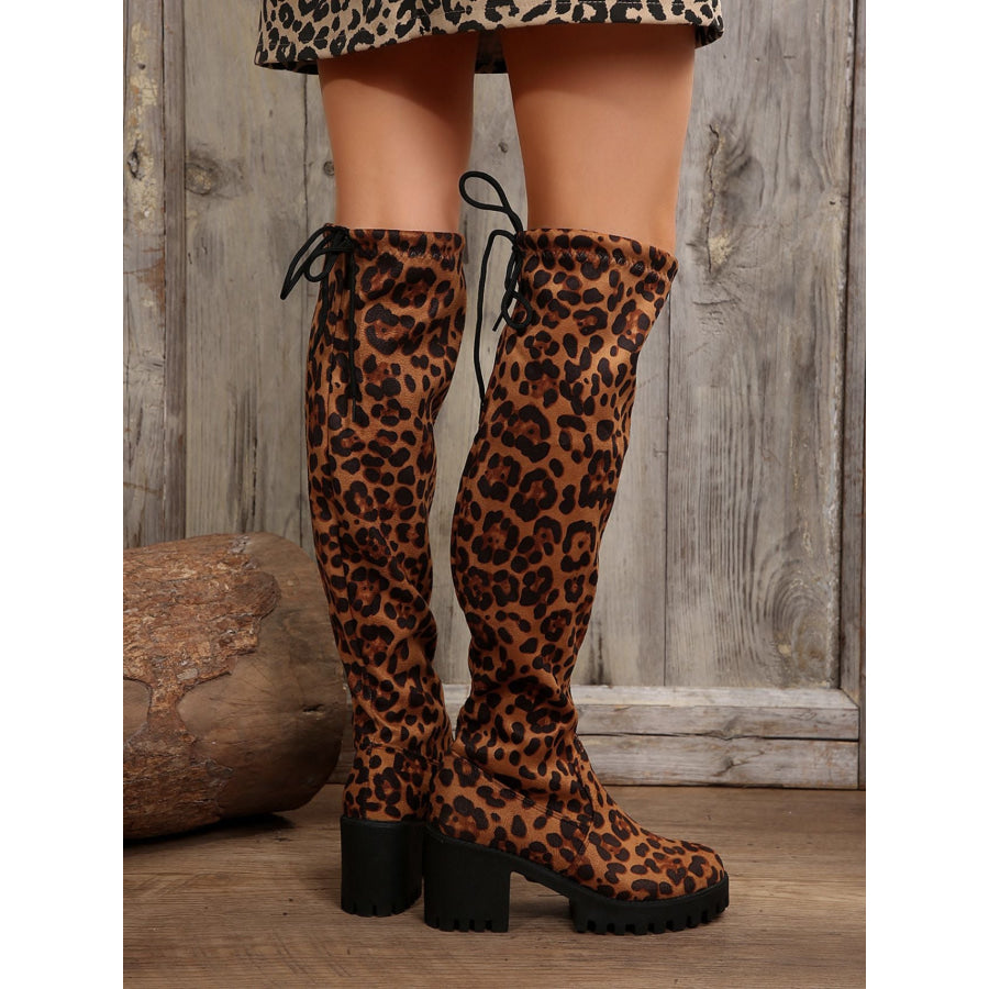 Leopard Round Toe Block Heel Boots Apparel and Accessories