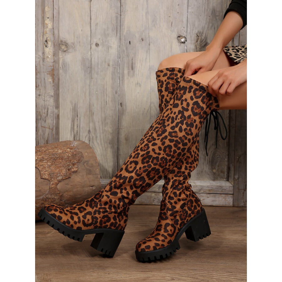 Leopard Round Toe Block Heel Boots Apparel and Accessories