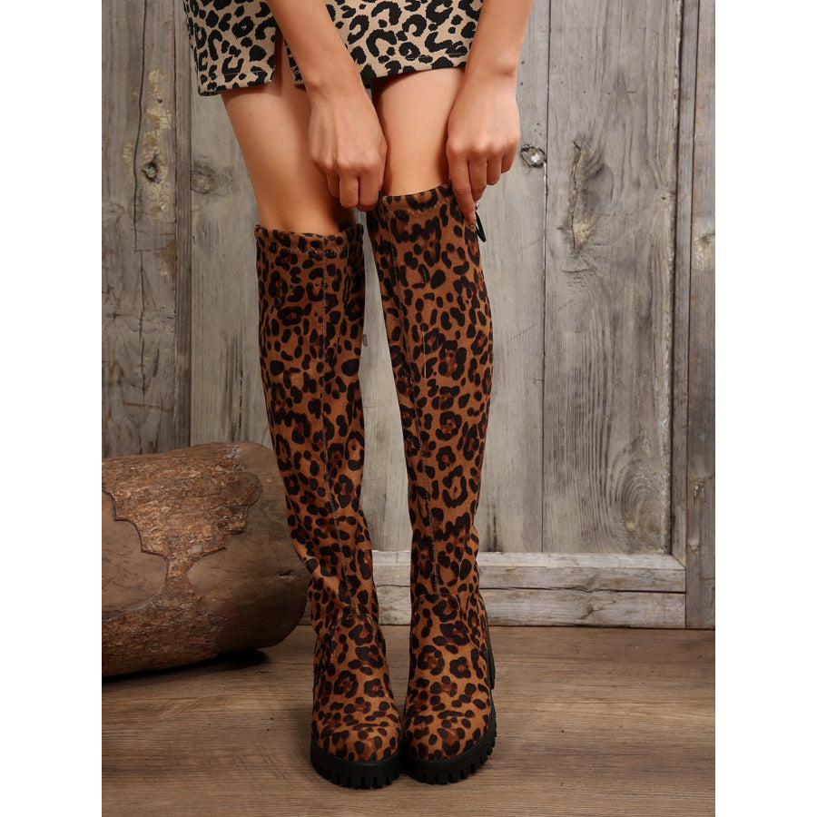 Leopard Round Toe Block Heel Boots Apparel and Accessories