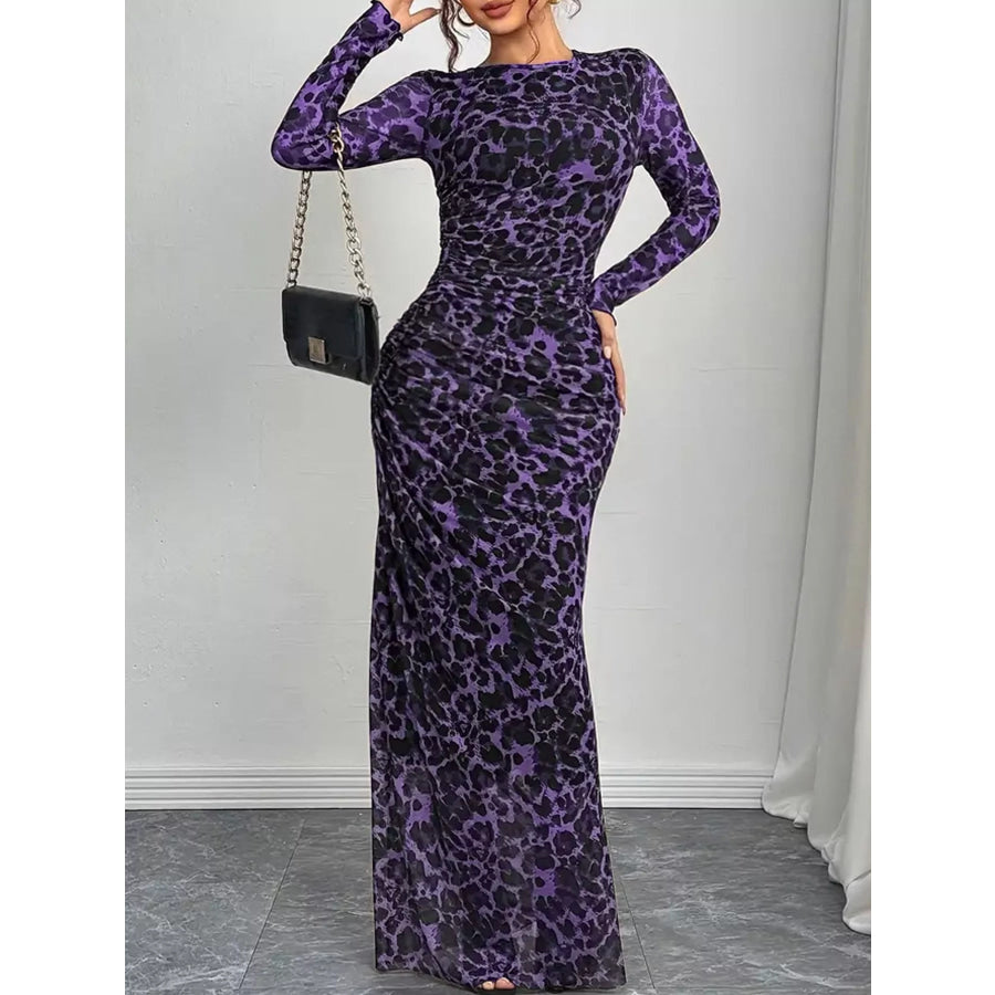Leopard Ruched Bodycon Maxi Dress Apparel and Accessories