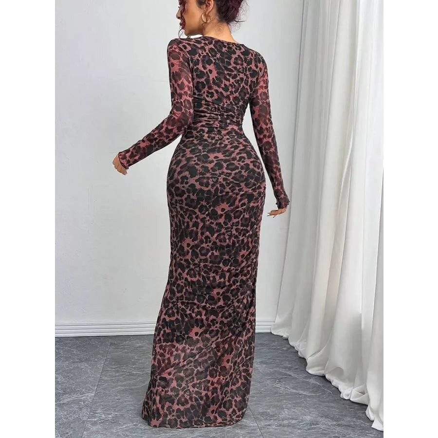 Leopard Ruched Bodycon Maxi Dress Apparel and Accessories