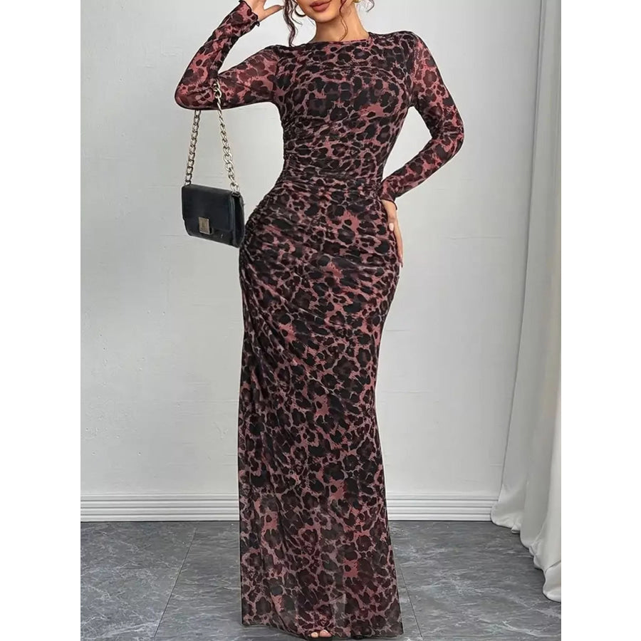 Leopard Ruched Bodycon Maxi Dress Apparel and Accessories