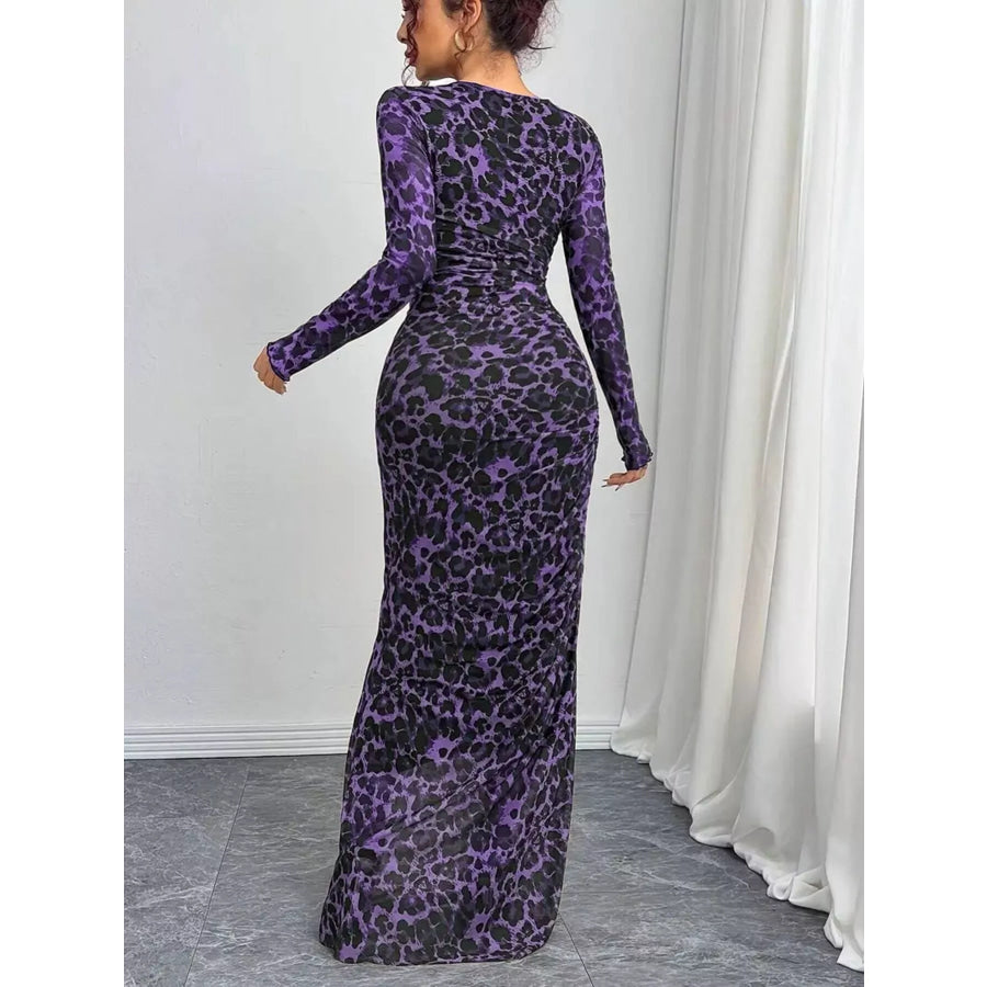 Leopard Ruched Bodycon Maxi Dress Apparel and Accessories