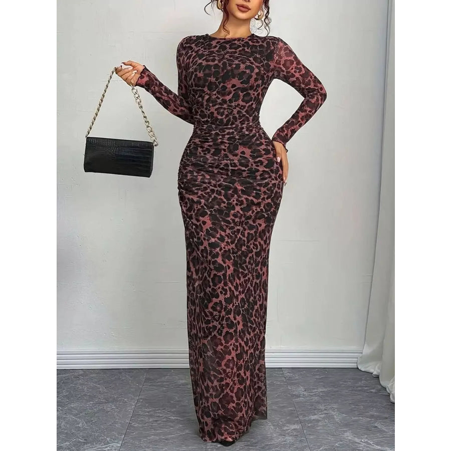 Leopard Ruched Bodycon Maxi Dress Coral / S Apparel and Accessories