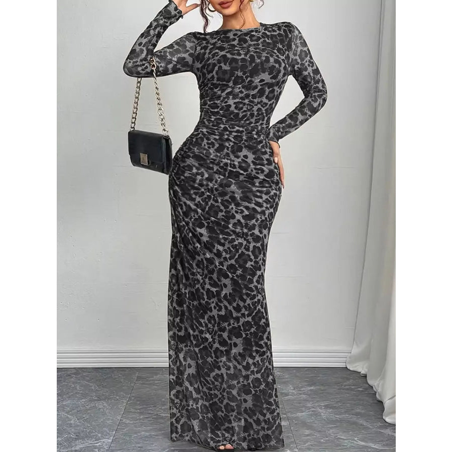 Leopard Ruched Bodycon Maxi Dress Gray / S Apparel and Accessories