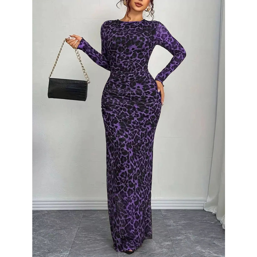 Leopard Ruched Bodycon Maxi Dress Purple / S Apparel and Accessories