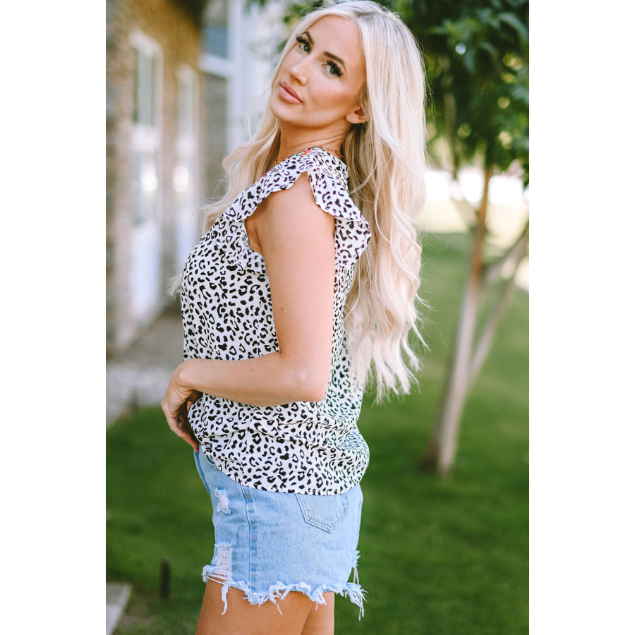 Leopard Ruffled Notched Tank Apparel and Accessories