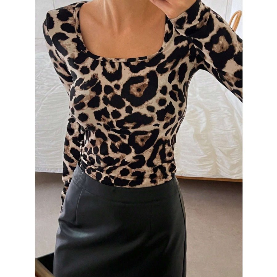 Leopard Scoop Neck Long Sleeve T-Shirt Apparel and Accessories