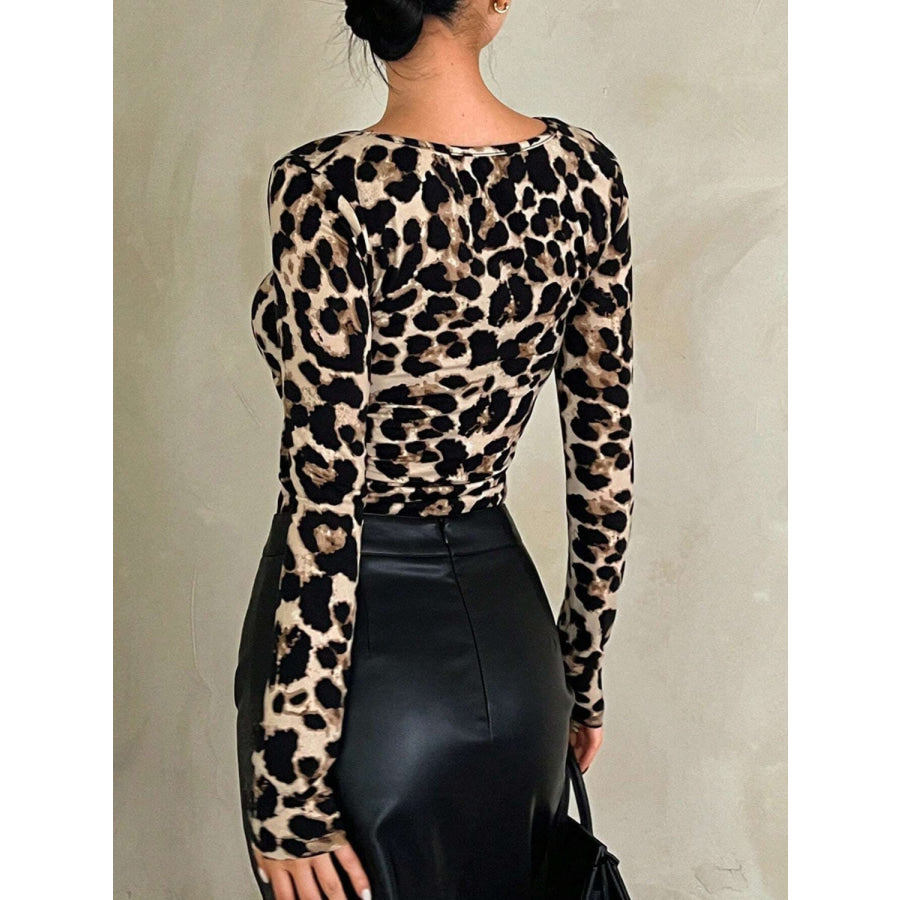 Leopard Scoop Neck Long Sleeve T-Shirt Apparel and Accessories