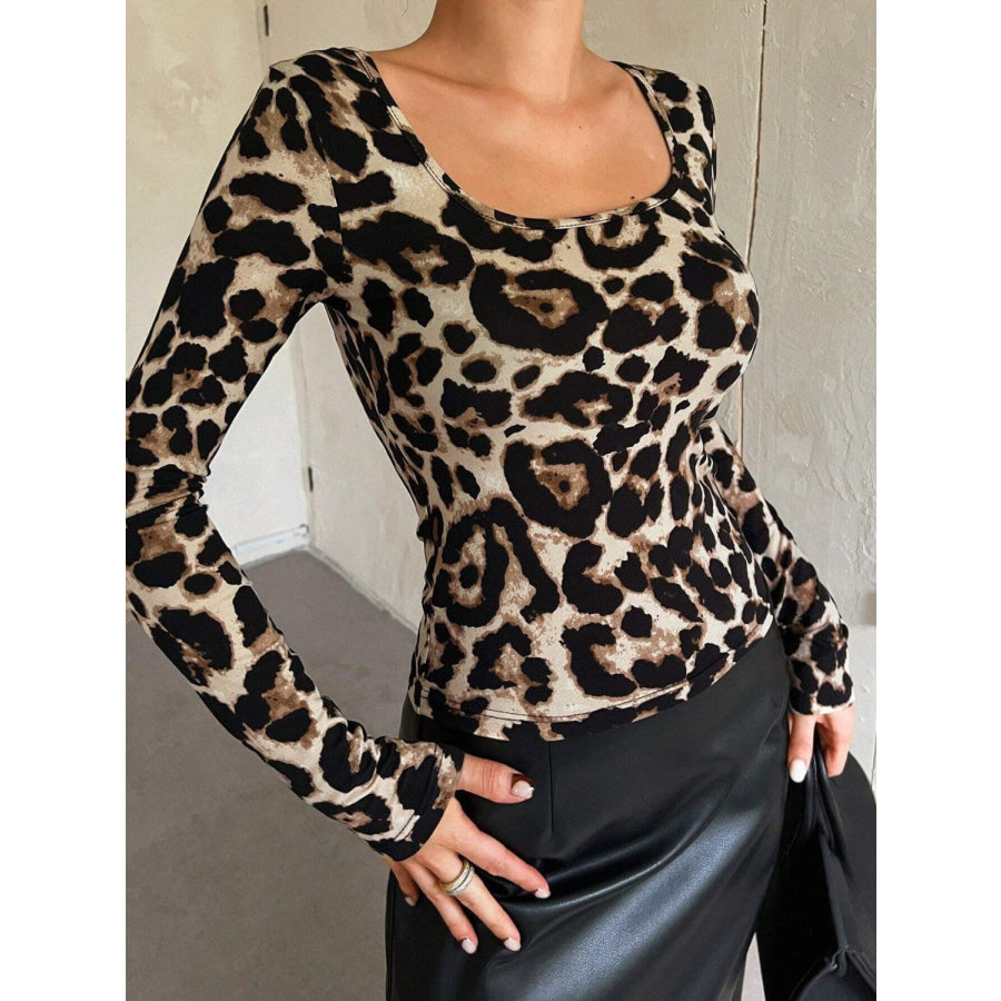 Leopard Scoop Neck Long Sleeve T-Shirt Apparel and Accessories