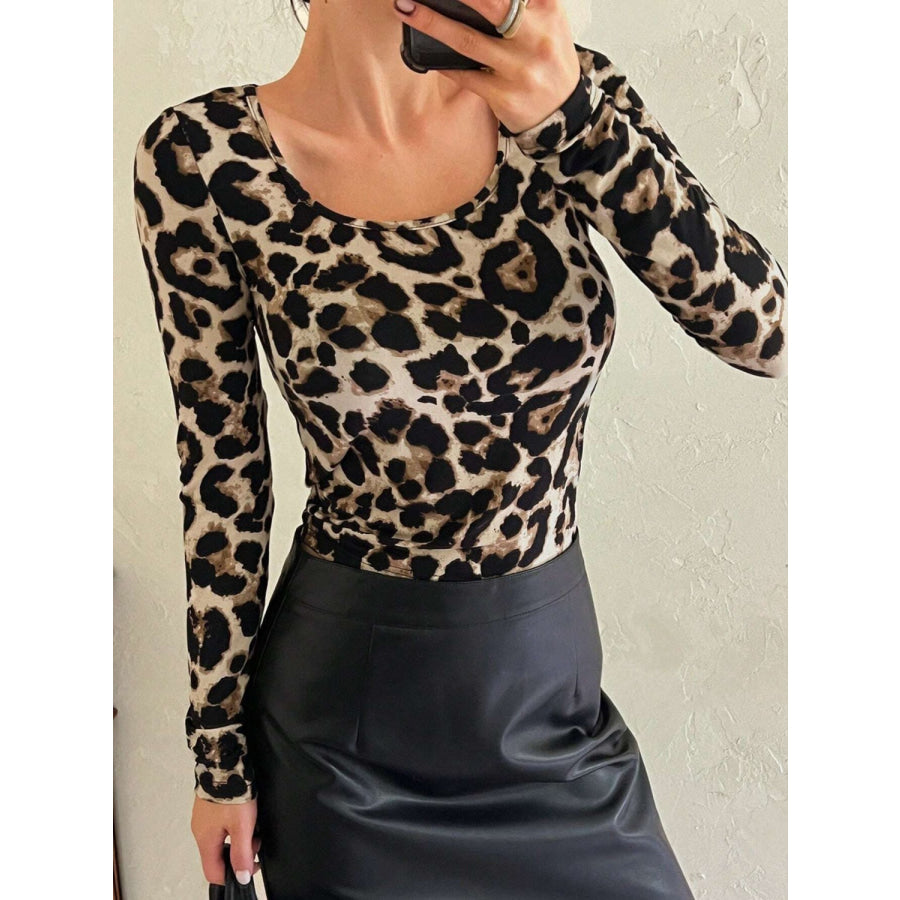 Leopard Scoop Neck Long Sleeve T-Shirt Leopard / S Apparel and Accessories