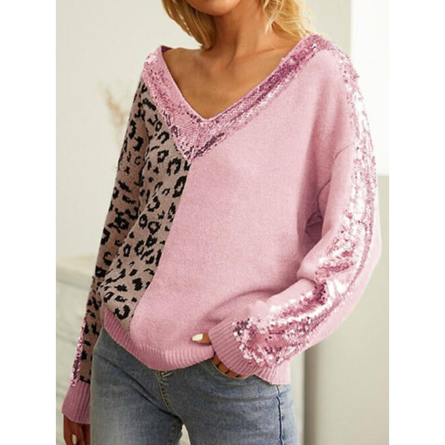 Leopard Sequin V-Neck Long Sleeve Sweater Blush Pink / S