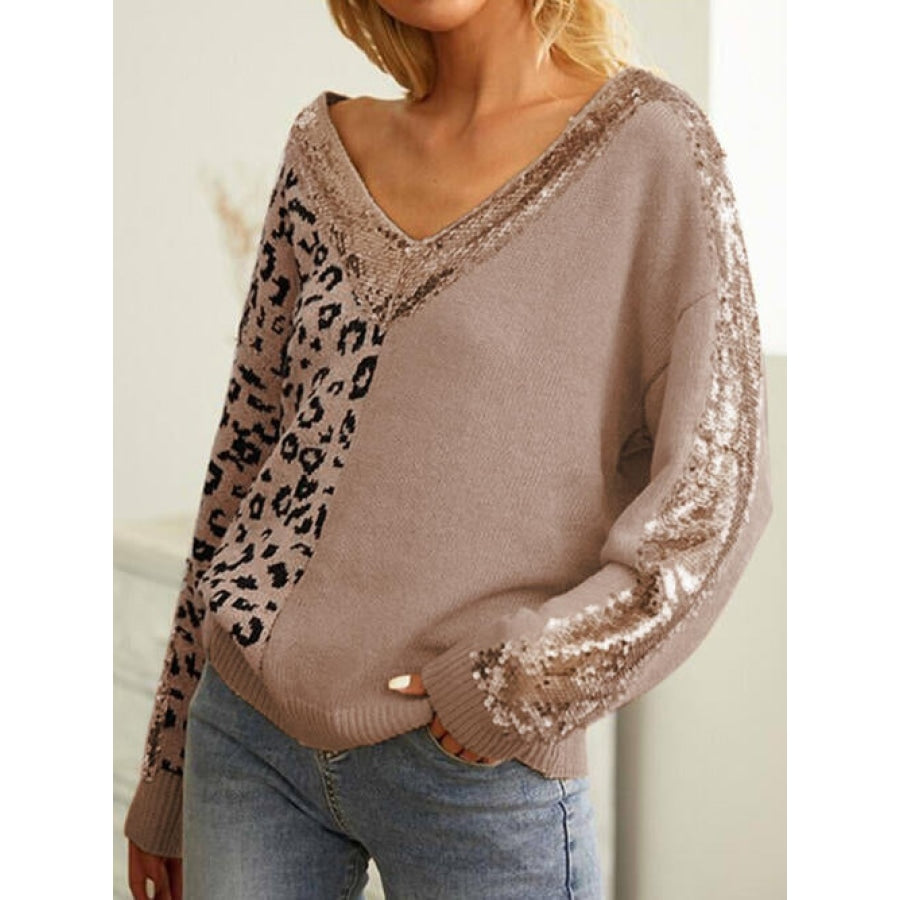 Leopard Sequin V-Neck Long Sleeve Sweater Camel / S