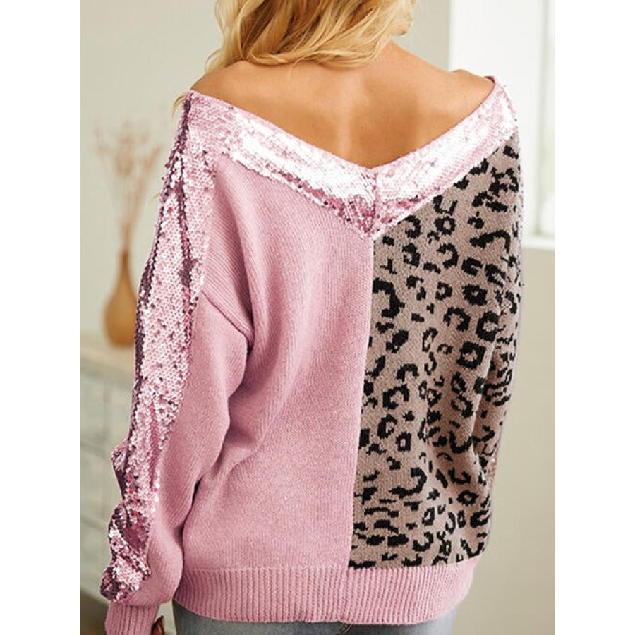 Leopard Sequin V-Neck Long Sleeve Sweater