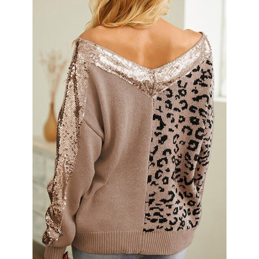 Leopard Sequin V-Neck Long Sleeve Sweater Camel / S