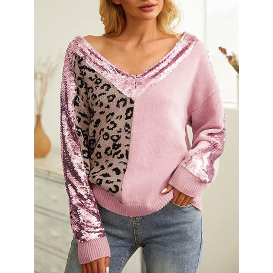 Leopard Sequin V-Neck Long Sleeve Sweater