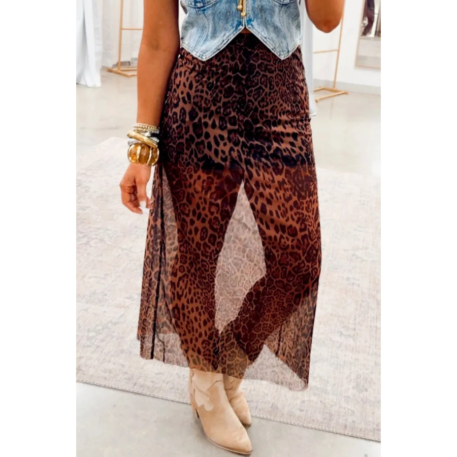 Leopard Sheer Midi Skirt Leopard / S Apparel and Accessories