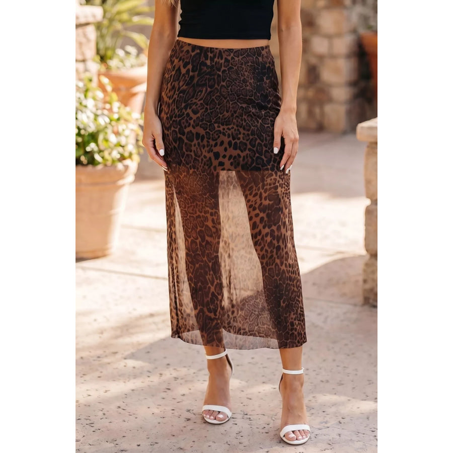 Leopard Sheer Midi Skirt Leopard / S Apparel and Accessories