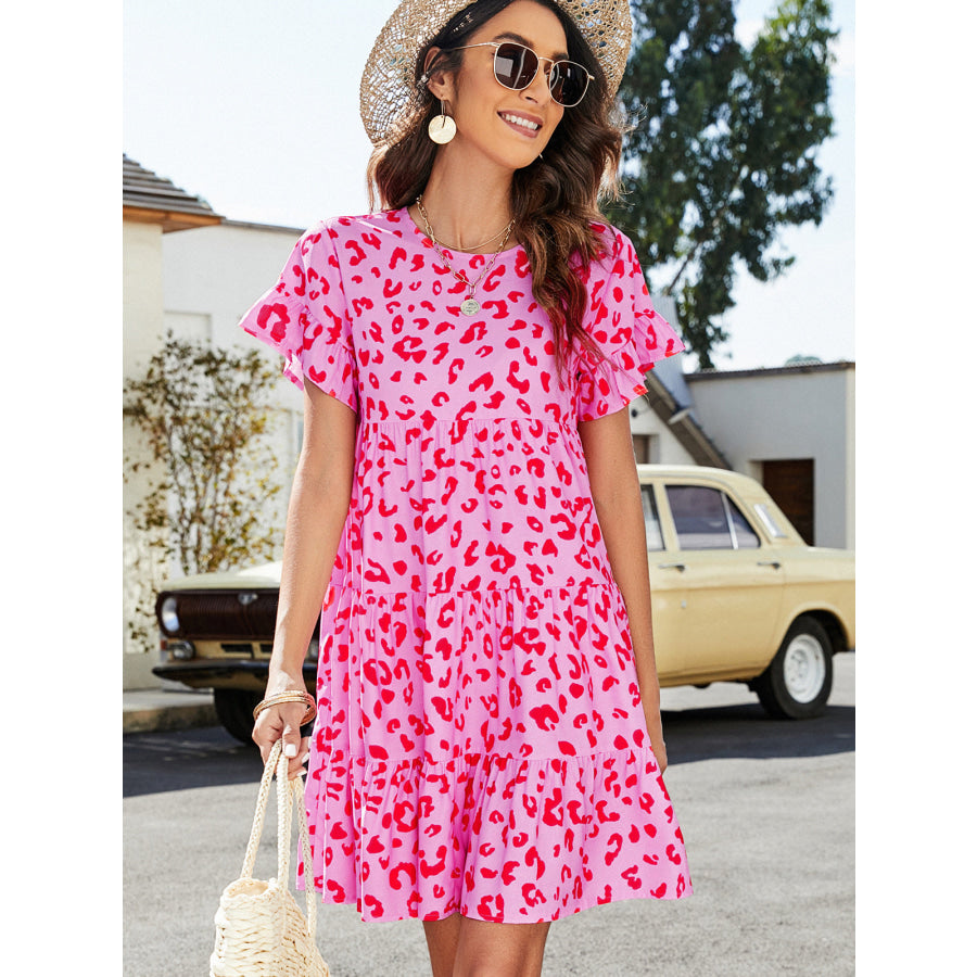 Leopard Short Flounce Sleeve Tiered Dress Leopard / S
