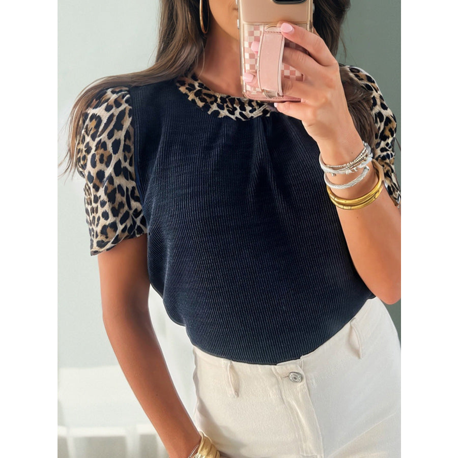 Leopard Short Sleeve Blouse Black / S Apparel and Accessories
