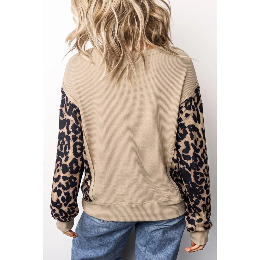 Leopard Sleeve Waffle Knit Split Hem Top Apparel and Accessories