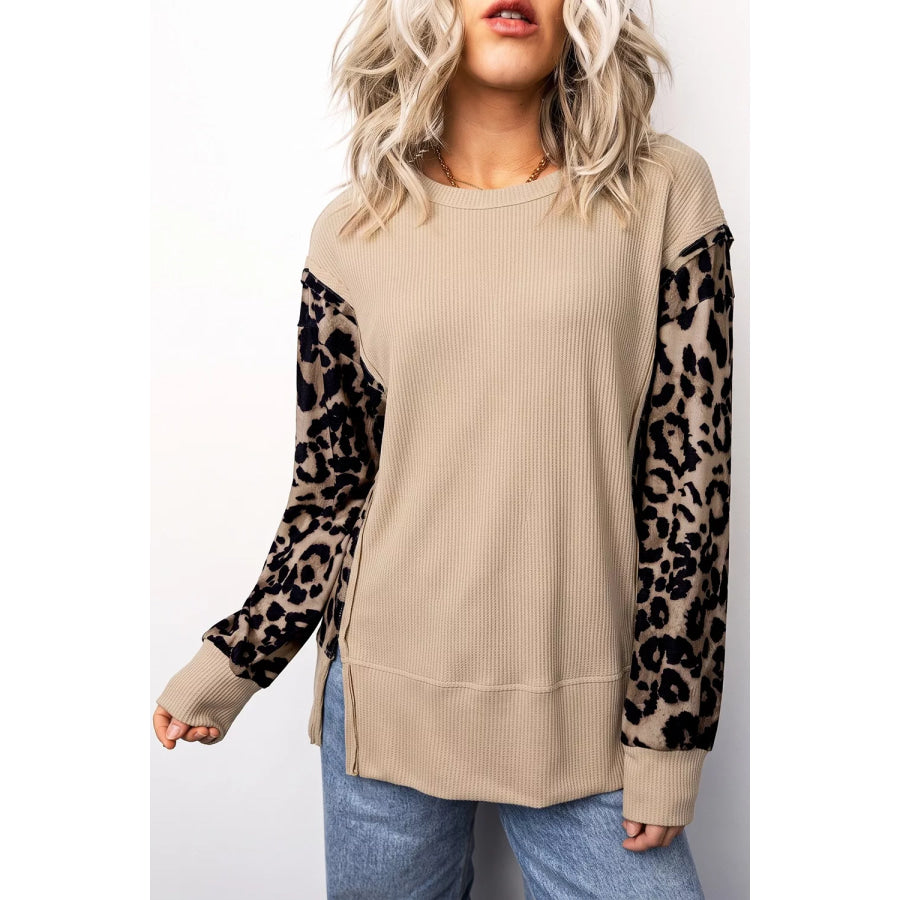 Leopard Sleeve Waffle Knit Split Hem Top Apparel and Accessories