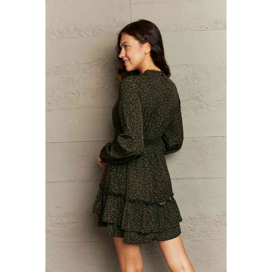 Leopard Smock Waist Long Sleeve Dress