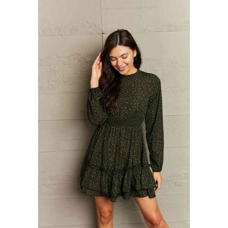 Leopard Smock Waist Long Sleeve Dress