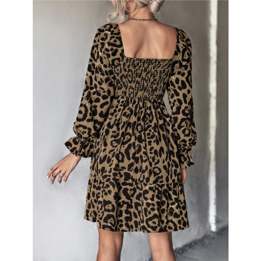 Leopard Smocked Flounce Sleeve Mini Dress Olive Brown / S Apparel and Accessories