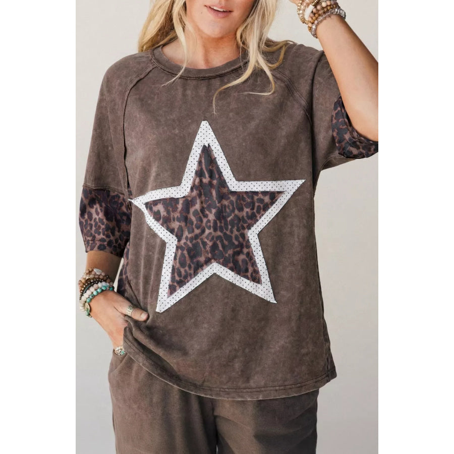 Leopard Star Patch T-Shirt Coffee Brown / S Apparel and Accessories