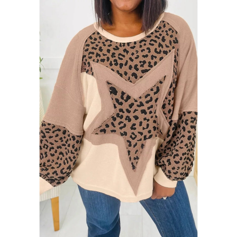 Leopard Star Patchwork Round Neck Sweatshirt Apparel and Accessories