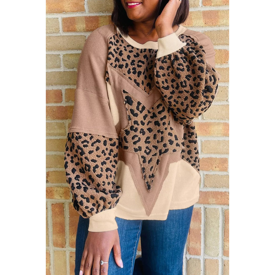 Leopard Star Patchwork Round Neck Sweatshirt Taupe / S Apparel and Accessories